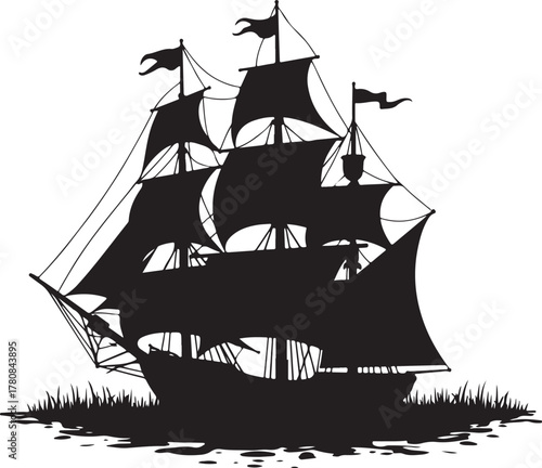 Black silhouette of a tall ship with sails on water
