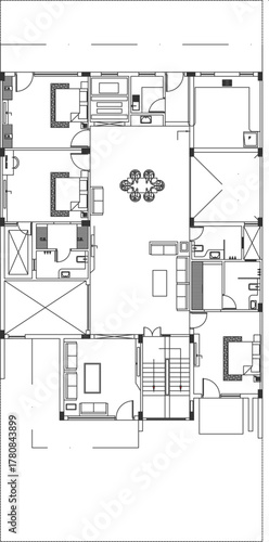 Detailed vector floor plan of a multi-room residential/apartment layout with complete furniture, stairs, and clear room labels. CAD drawing.