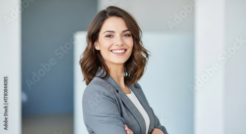 A confident businesswoman in a gray blazer with her arms crossed, standing in an office environment. Free Download A confident businesswoman in a gray blazer with her arms crossed, standing in an office environment. - GFXLoad