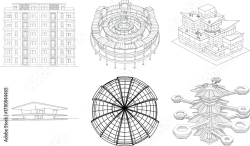 Set of architectural illustrations depicting diverse building forms