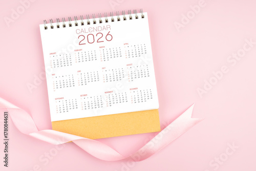 Wallpaper Mural 2026 Yearly desk calendar with pink pastel ribbon. Torontodigital.ca