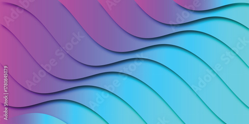 Seamless wavy abstract background with smooth gradient transition from vibrant purple to bright cyan, featuring layered paper cut effect and soft shadows