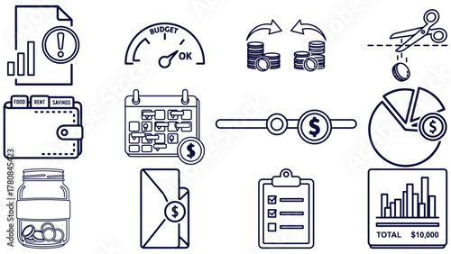 Budget planning icon variations in black _ cashflow, expense and savings symbols for finance reports