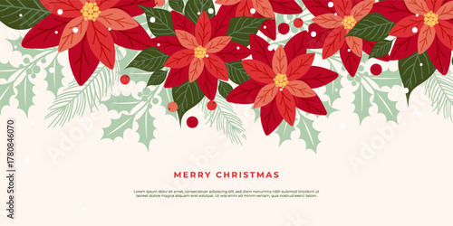 Christmas horizontal greeting banner with hand drawn Poinsettia flowers, fir branches, snowflakes, holly berries. Beautiful Xmas vector design for card, holiday poster, cover.