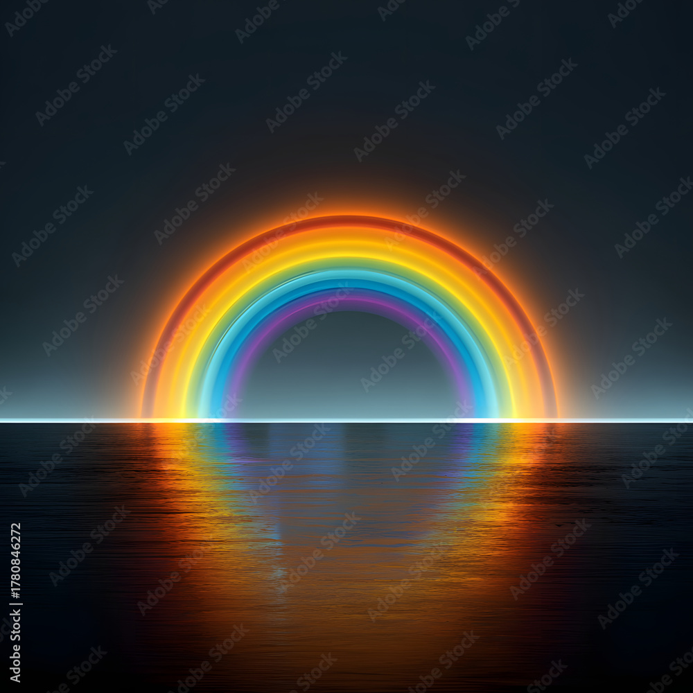 Naklejka premium A vibrant rainbow arching over a dark water surface with its colorful reflection visible below it