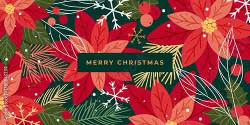 Christmas horizontal greeting banner with hand drawn Poinsettia flowers, fir branches, snowflakes, holly berries. Beautiful Xmas vector design for card, holiday poster, cover.