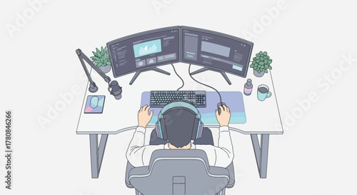 Overhead view of a person wearing headphones, sitting at a desk with two computer monitors, a microphone, and plants, engaged in work or gaming.