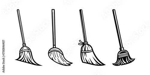 broom logo, various brooms silhouette, icon, vector