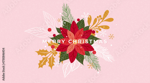 Christmas horizontal greeting banner with hand drawn Poinsettia flowers, fir branches, snowflakes, holly berries. Beautiful Xmas vector design for card, holiday poster, cover.