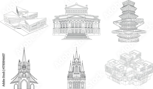 Set of architectural renderings depicting different building styles and cultural influences