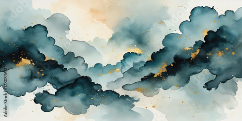 Bright blue sky and white fluffy clouds over a sunny summer city landscape