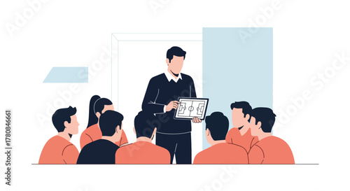 A man presenting information on a tablet to a group of attentive people in a meeting or educational setting.