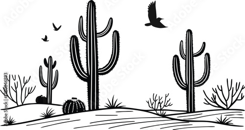 Stunning desert landscape featuring soaring eagle and iconic cacti, perfect for travel, nature, and Southwestern themes, originally a scalable vector graphic