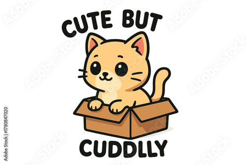 Cute orange kitten sitting in a cardboard box with a playful expression during daytime