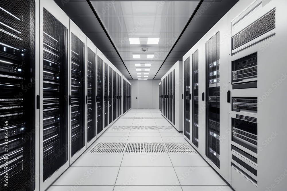 Fototapeta premium Modern gray server room interior with rows of black racks and bright ceiling lights, ideal for IT infrastructure, cloud computing, cybersecurity, and enterprise technology visuals