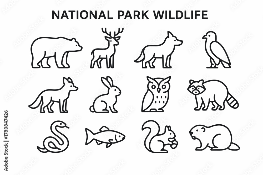 Fototapeta premium National Park Wildlife Icons. National park wildlife. Line outline icon set of national park wildlife: bear,