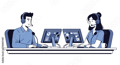 Two customer service agents with headsets working on computers in a modern call center environment.