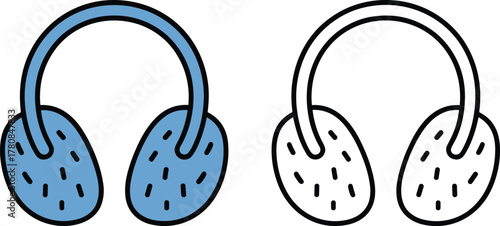Blue earmuffs illustration, black and white version, winter accessory vector, cartoon style, cold weather gear, educational art, coloring page