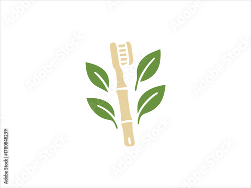 Eco friendly bamboo brush icon with green leaves background
