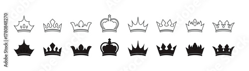 Set of black crown silhouettes on white background. Royal crown icon set black outline line art symbols. vector illustration.
