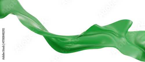 Flying green silk textile fabric flag background. Smooth elegant green Satin Isolated on white Background for grand opening ceremony. Green curtain. 3d png illustration