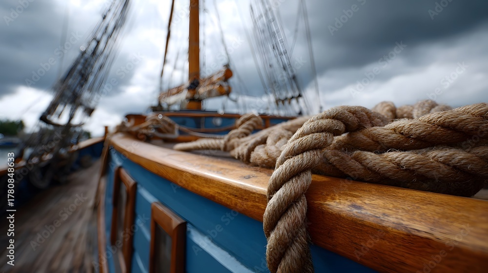 Obraz premium A thick rope lies coiled on the weathered wooden deck of a classic sailboat with masts and rigging against a dramatic stormy sky