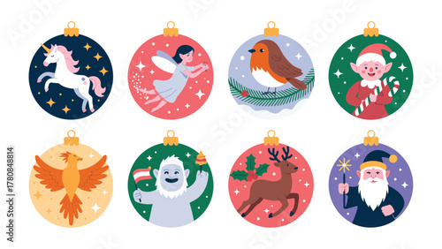 Festive Ornaments: A vibrant collection of Christmas ornaments, each adorned with a unique festive icon, sparking holiday cheer and spreading the joy of the season. 