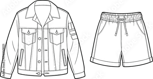 CAD drawing flat vector illustration, denim jacket sketch, casual shorts design, fashion flats, technical apparel, black and white outline