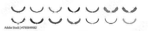 Set of black laurel branches collection, vintage hand-drawn laurel wreaths and floral ornament dividers, decorative leaves, swirls, award frames, elegant vector design. Hand drawn laurel wreaths sprig