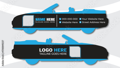 Unique Die-Cut Convertible Car Business Card Template - Blue, Black Luxury Vehicle Vector Design