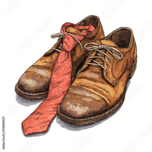 Vector illustration of a pair of dirty dress shoes with a scruched up tie