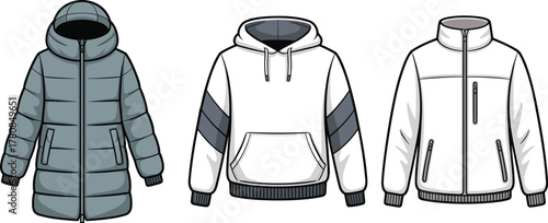 CAD drawing flat vector illustration, outerwear fashion sketch, puffer jacket, hoodie, zip-up jacket, technical clothing design, apparel flats