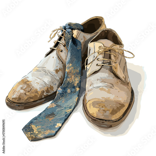 Vector illustration of a pair of dirty dress shoes with a scruched up tie
