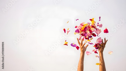 Hands reaching up throwing colorful flower petals against white background