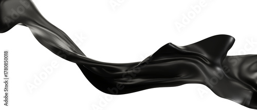 Flying black silk textile fabric flag background. Smooth elegant dark Satin Isolated on white Background for grand opening ceremony. Black curtain. 3d png illustration