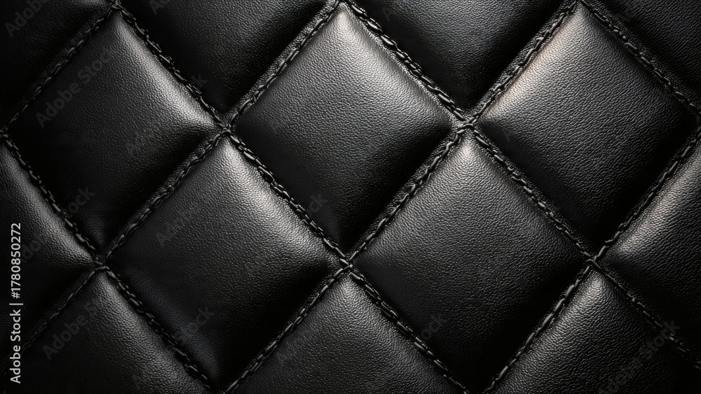 Obraz premium Close-up view of a luxurious black quilted material, showcasing a classic diamond pattern with meticulous stitching. This elegant texture is ideal for sophisticated backgrounds and design