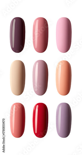 Assortment of nine nail polish swatches in various colors on a isolated on transparent background