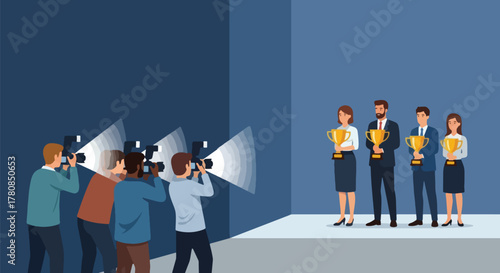 Business people receiving awards on stage while photographers capture the moment with flashing cameras.