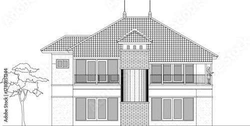 Vector drawing of a large two-story house elevation with a tropical/traditional roof, central chimney/column, and balconies. CAD architecture.