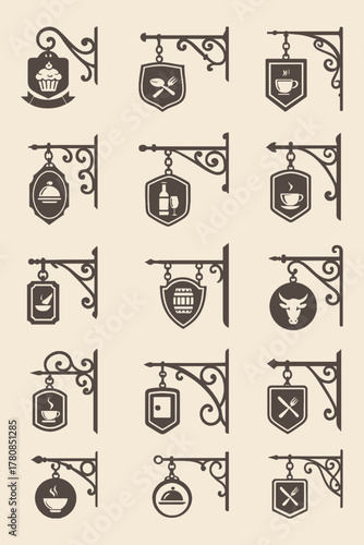 Vintage vector set of medieval tavern and inn hanging signs, ideal for fantasy game UI, branding, or logo design.