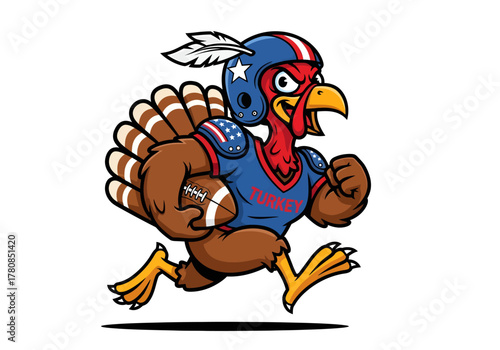 A cartoon turkey dressed in American football uniform, holding a football and running, with patriotic colors.