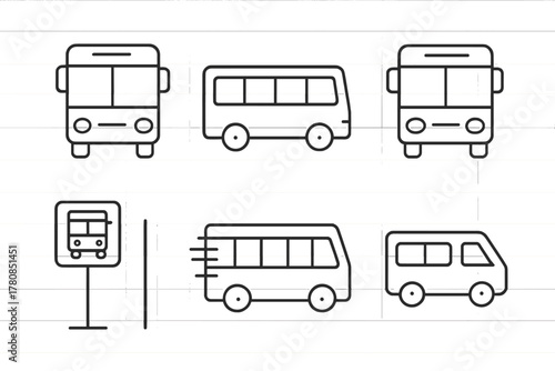 Different types of buses and bus stop signage in simple line art design