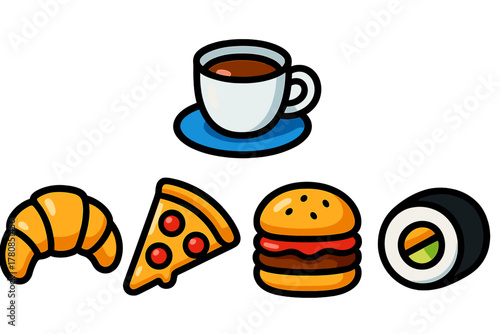 Enjoying a variety of delicious foods and drinks on a bright table setting with a cup of coffee, sushi, and festive snacks