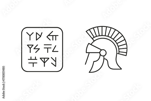 Ancient symbols and a warrior helmet showcase historical culture and military traditions in a unique design