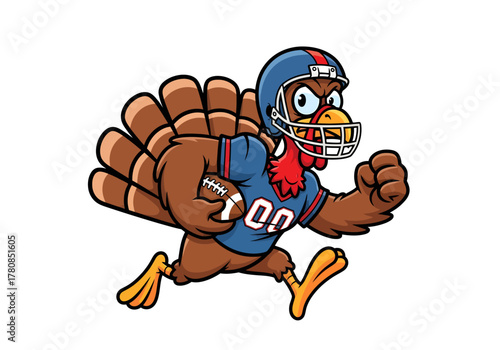 A cartoon turkey mascot dressed as a football player running with the ball.