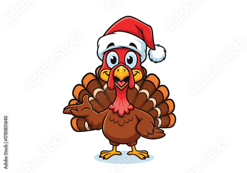 A cartoon turkey wearing a Santa hat, with its wing outstretched in a friendly gesture.