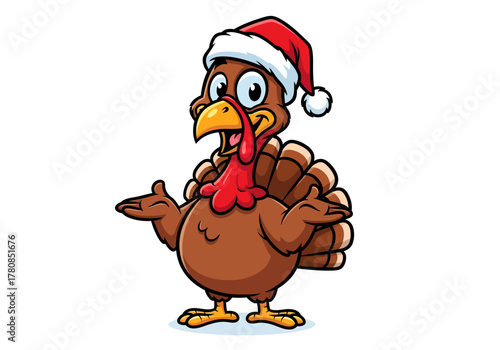 A funny cartoon turkey character wearing a red Santa Claus hat for the Christmas holiday season, shrugging its wings.