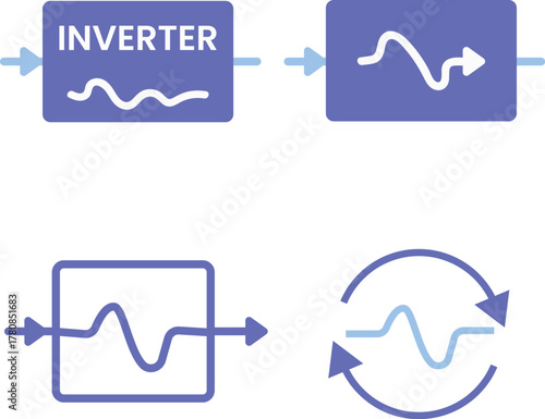 Inverter icons set. Clean electricity and energy conversion symbols representing power transformation and renewable technology concept. Modern minimal vector illustration for solar and electric design