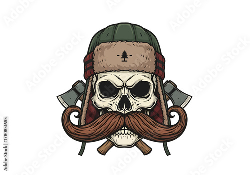 A stylized illustration of a skull wearing a fur-lined hat and a large mustache, with axes crossed behind it.