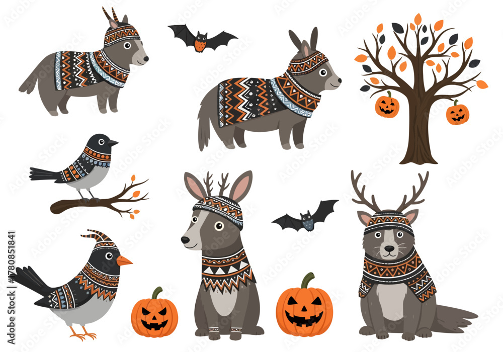 Naklejka premium Cartoon animals in knitted sweaters and hats with Halloween pumpkins, bats, and autumn tree.